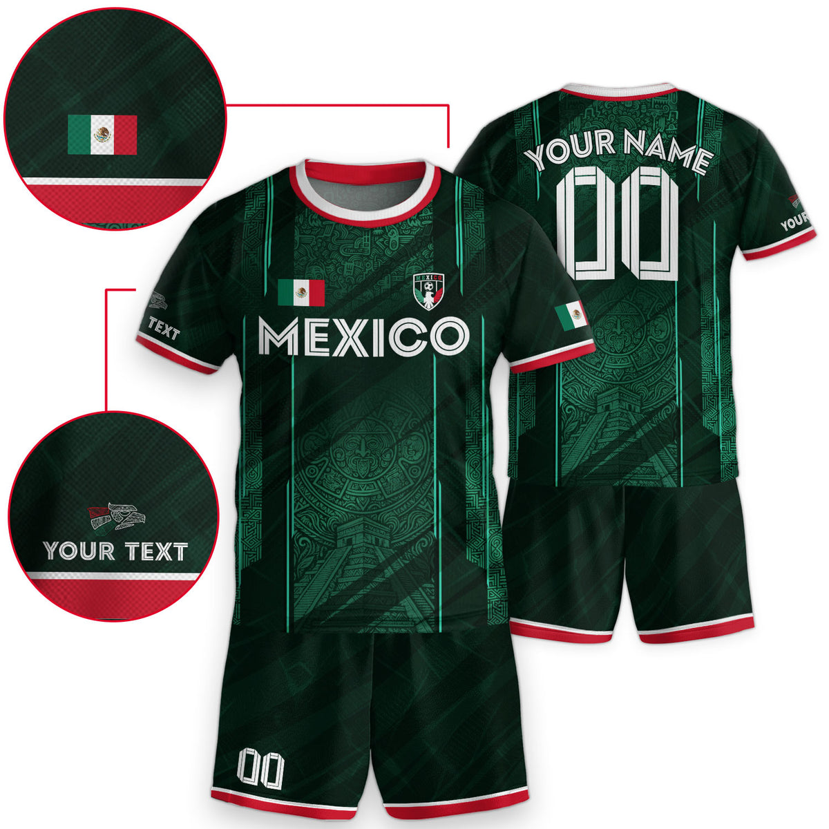 Camiseta de fútbol de México para niños personalizada, diseño de calendario azteca verde