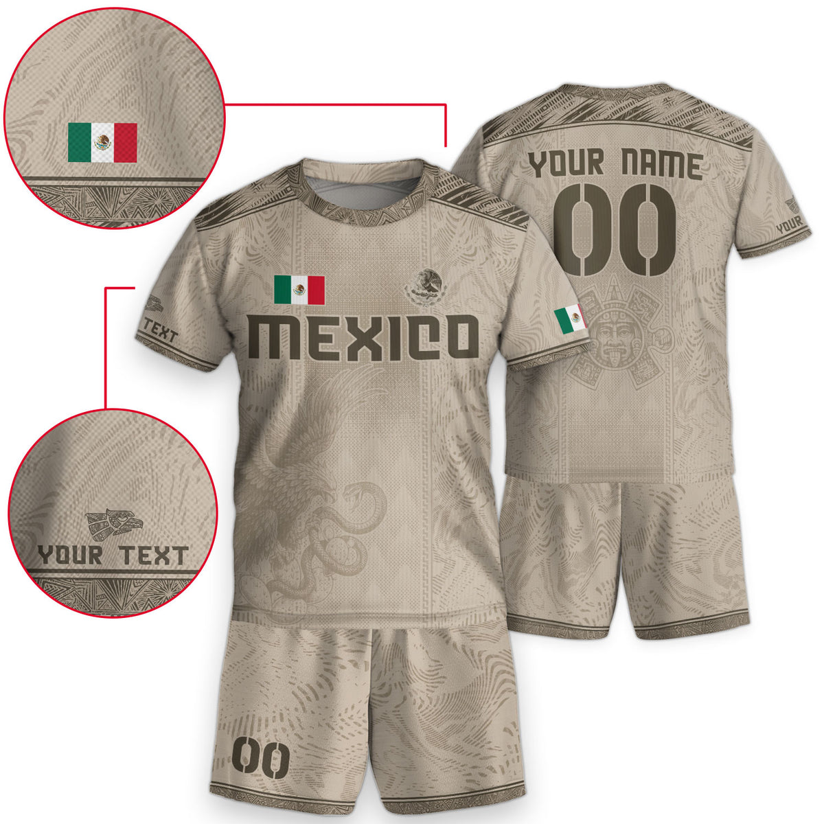 Camiseta de fútbol de México para niños personalizada con diseño de águila azteca beige