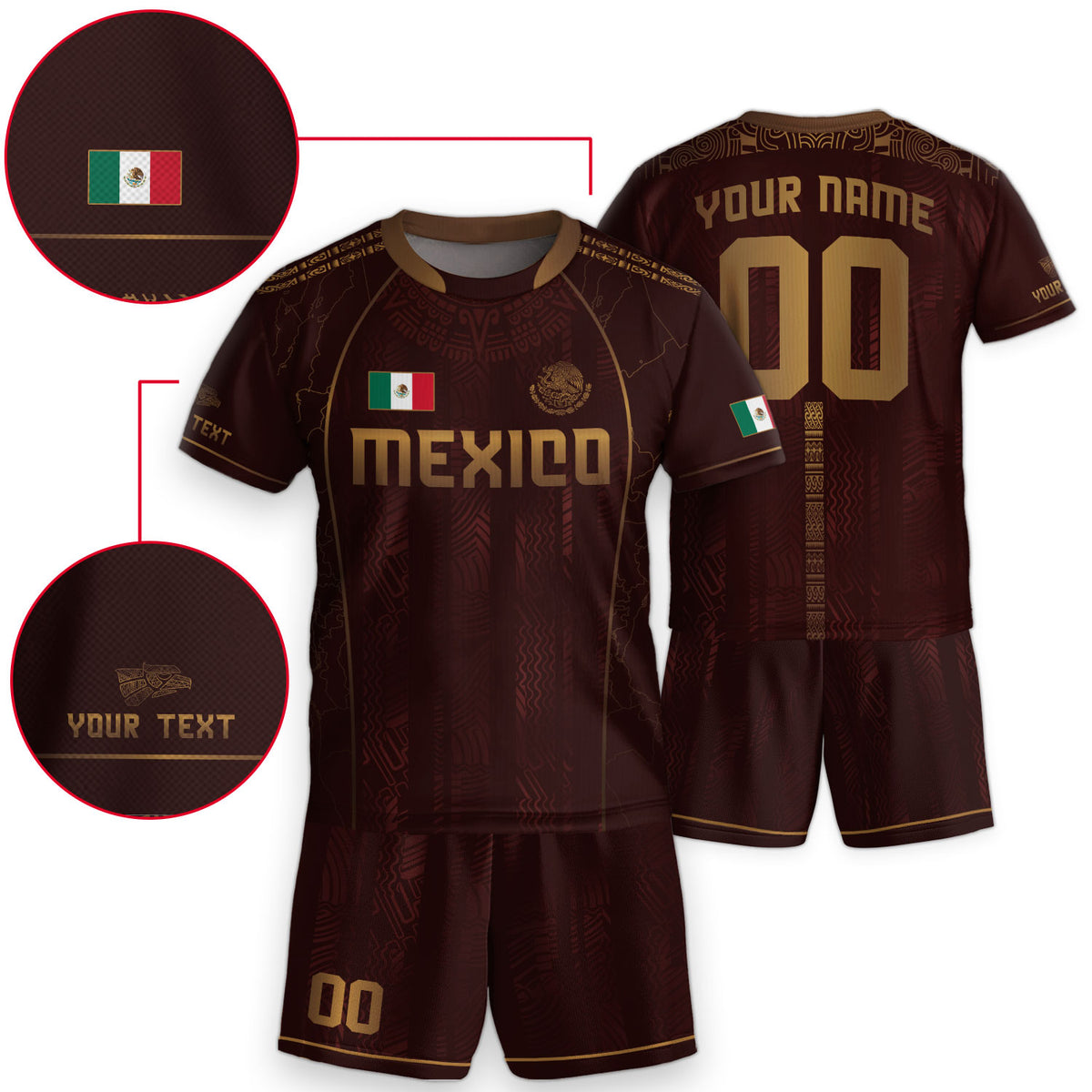 Camiseta de fútbol de México para niños personalizada, diseño de herencia azteca granate