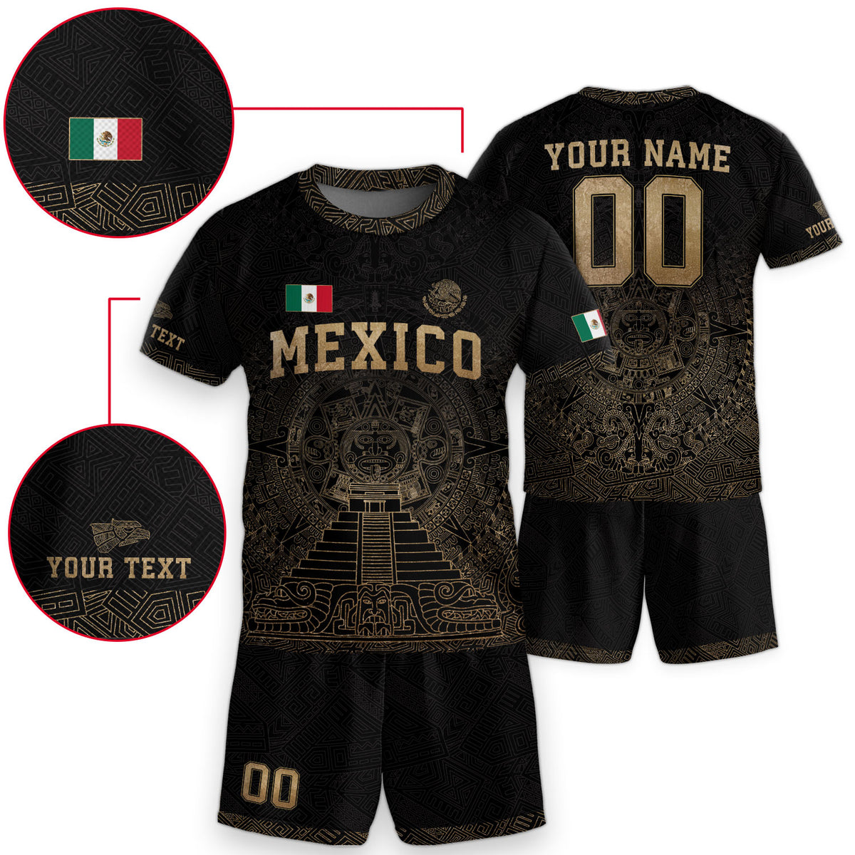 Camiseta de fútbol de México para niños personalizada, diseño de templo azteca negro y dorado