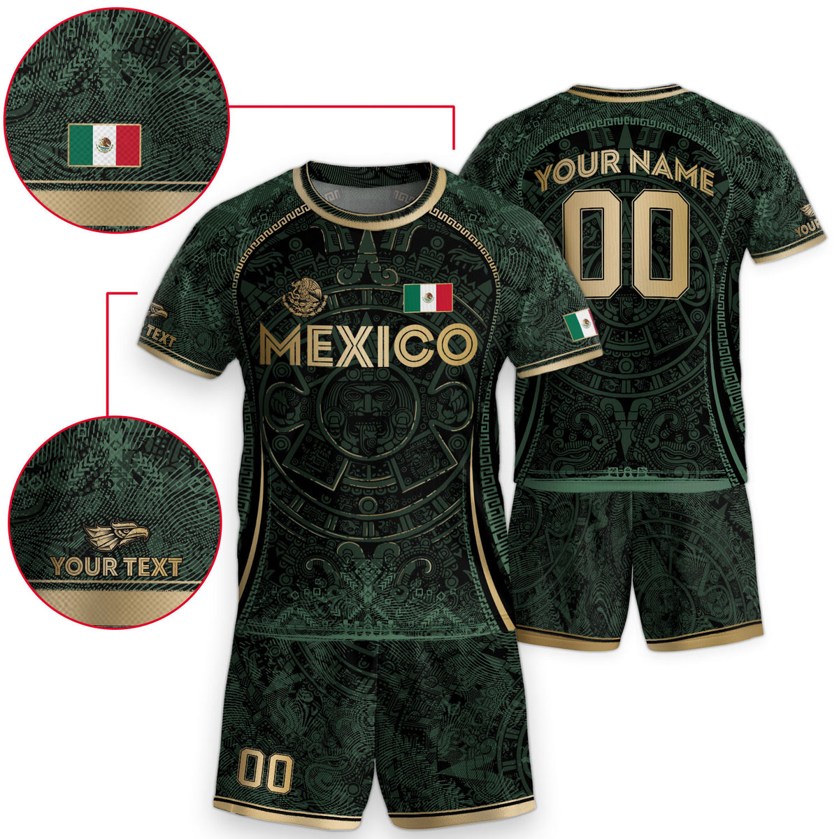 Camiseta de fútbol de México para niños personalizada, diseño de calendario azteca, verde oscuro y dorado