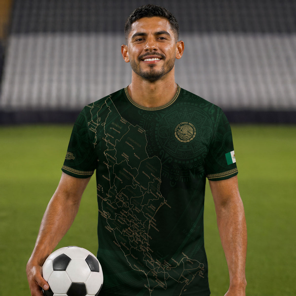 Camiseta de fútbol con diseño del mapa verde de México y orgullo azteca