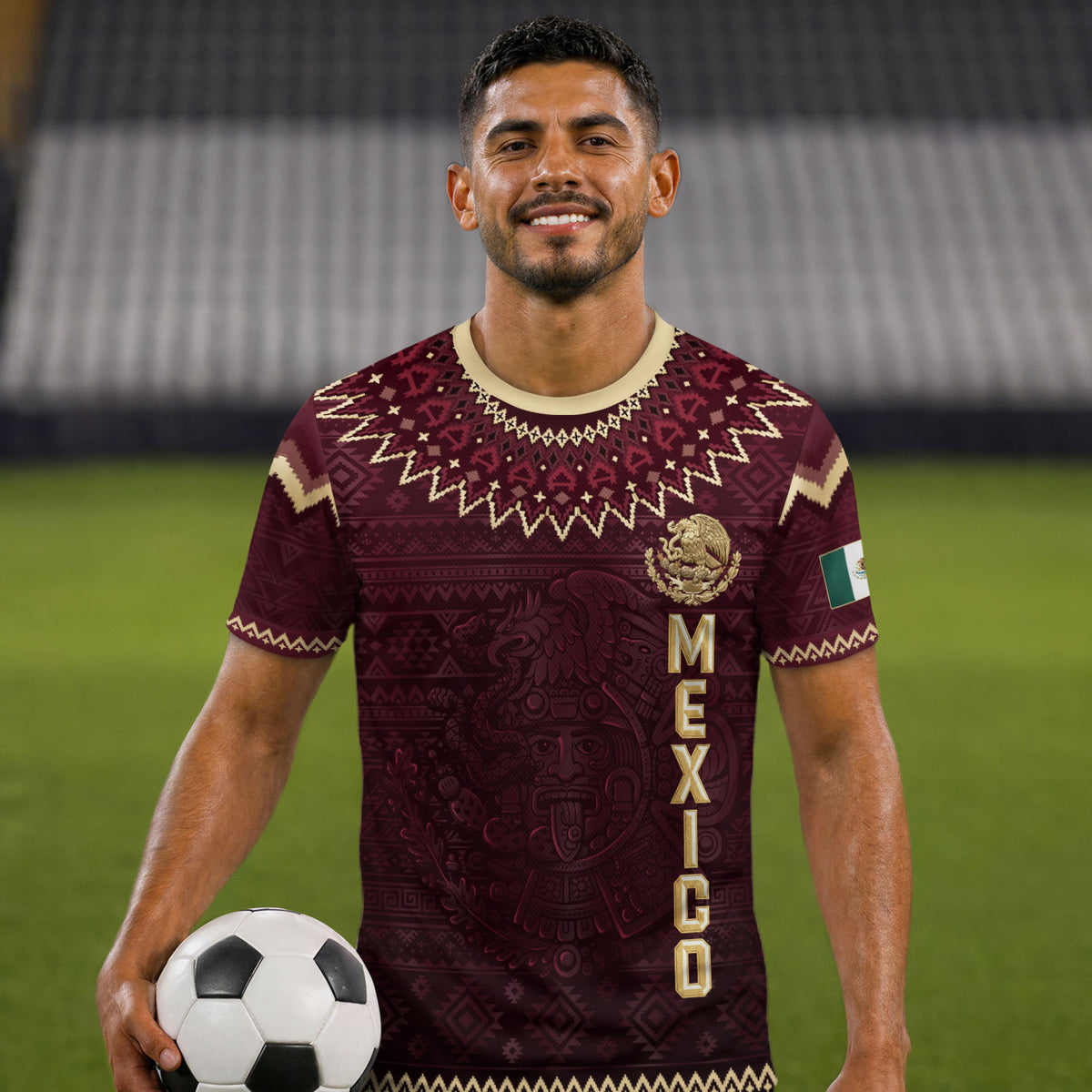 Mexico Heritage Soccer Jersey, Maroon Burgundy Gold Aztec Eagle Design Sports Jersey for Men