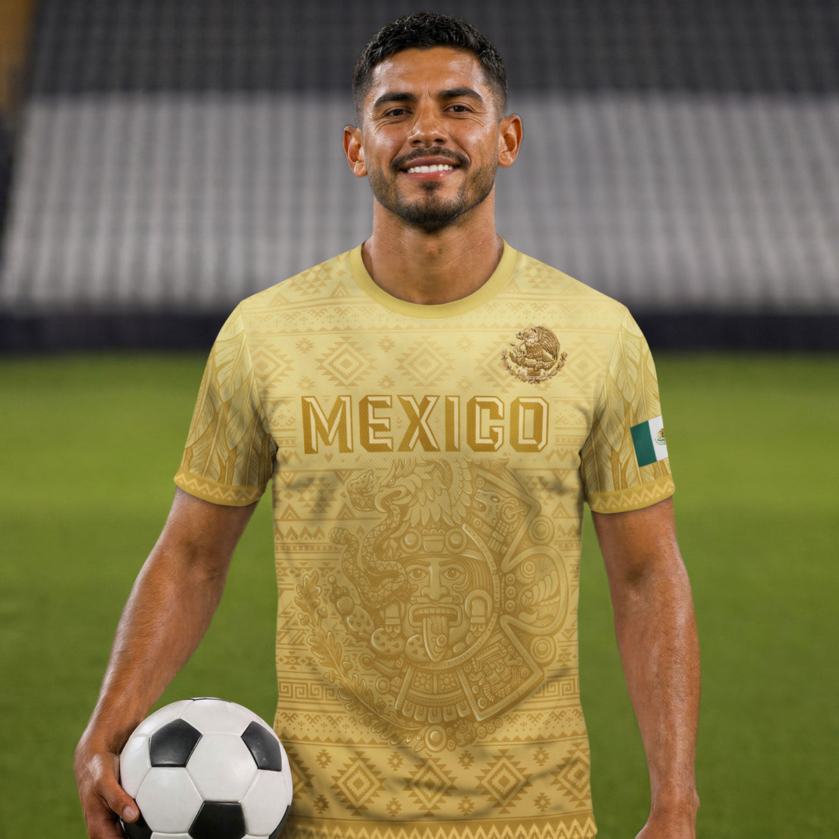 Mexico Heritage Soccer Jersey, Yellow Gold Aztec Calendar Design Sports Jersey for Men
