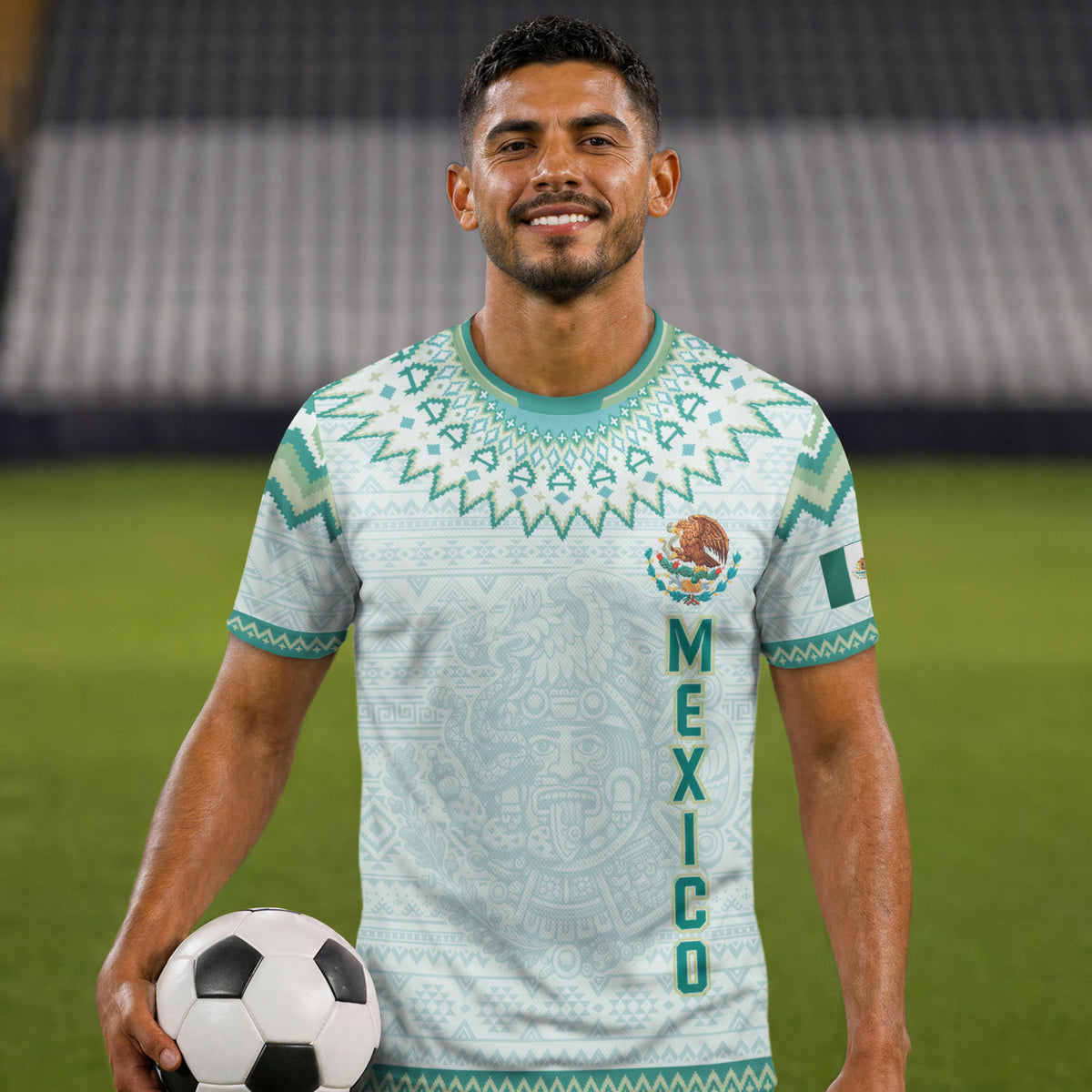 Mexico Soccer Jersey Men Aztec Calendar White Teal Adult Football Shirt Sportswear Tee