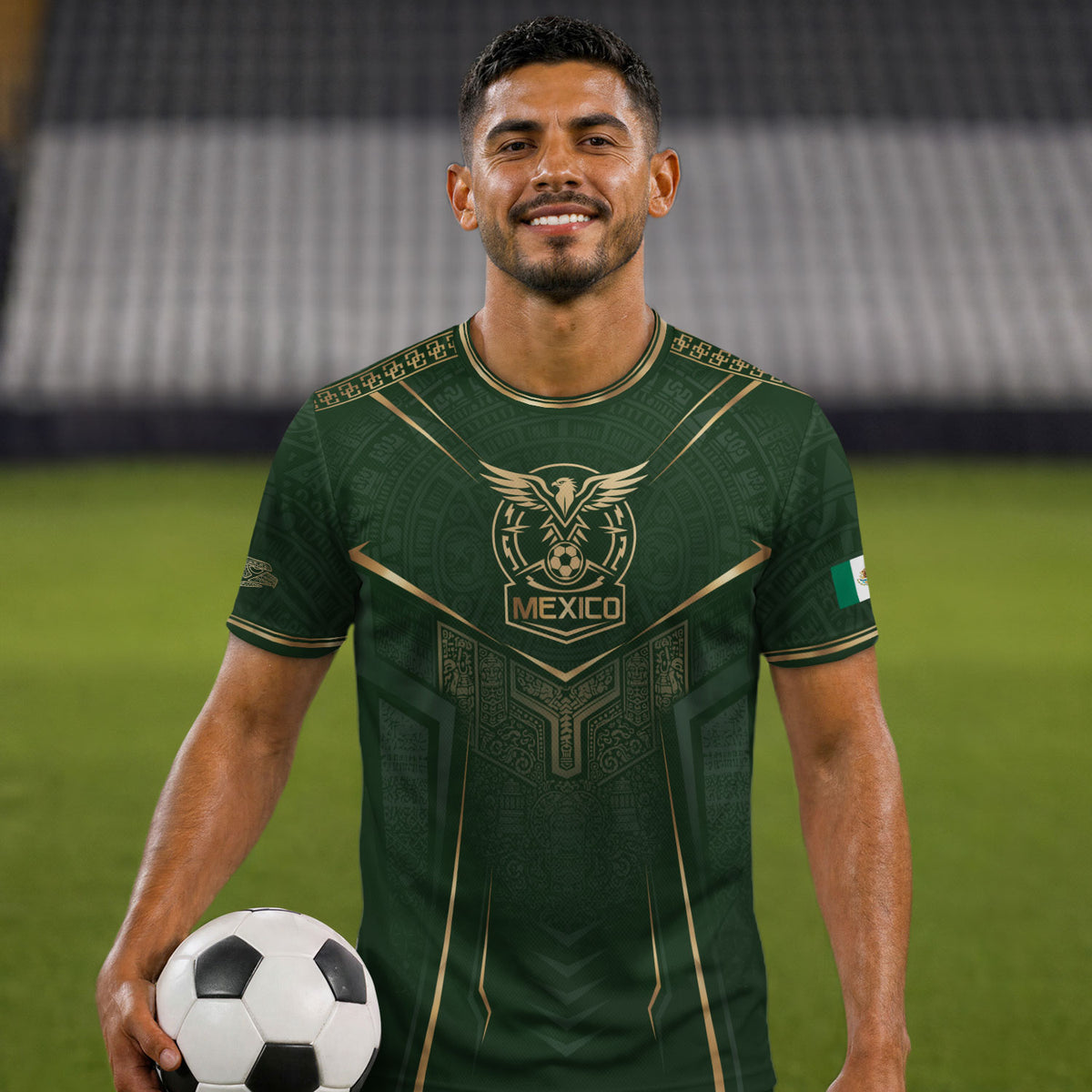 Camiseta de fútbol premium con emblema de águila azteca verde y dorado de México