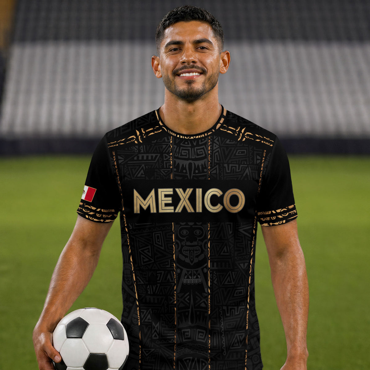 Camiseta de fútbol premium con emblema de águila azteca verde y dorado de México