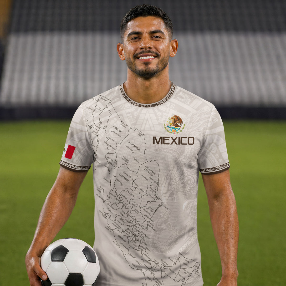 Camiseta de fútbol premium con emblema de águila azteca verde y dorado de México