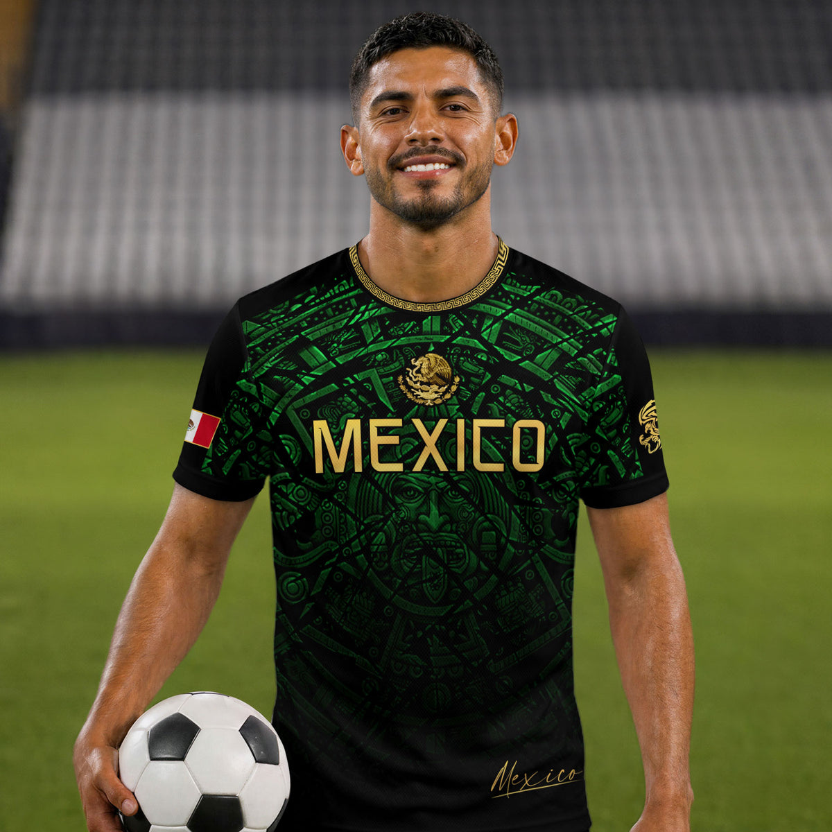 Mexico Soccer Jersey Green Black Aztec Sun Stone - Mexico Fan Heritage Style Shirt For Men, For Women