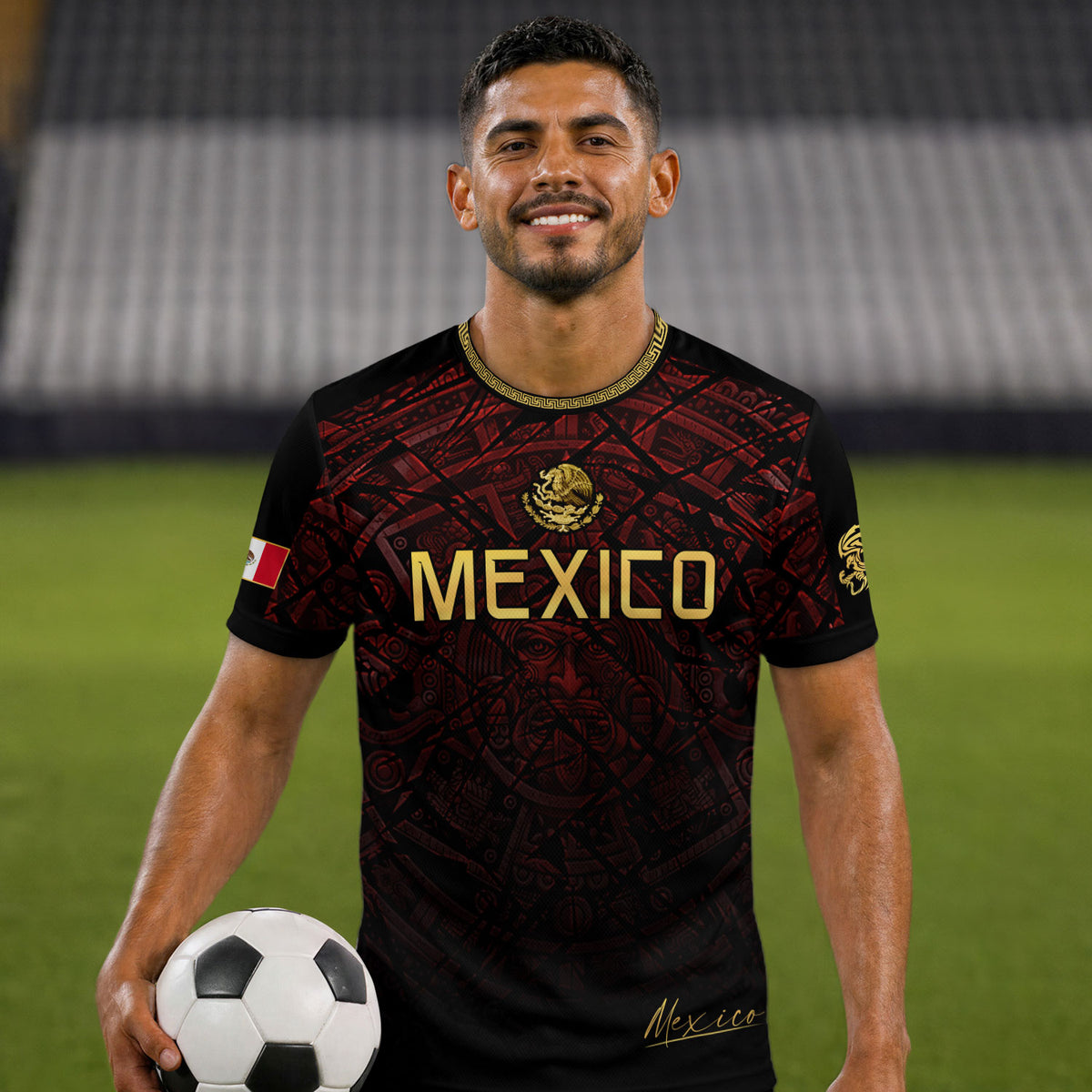 Camiseta de fútbol premium con emblema de águila azteca verde y dorado de México
