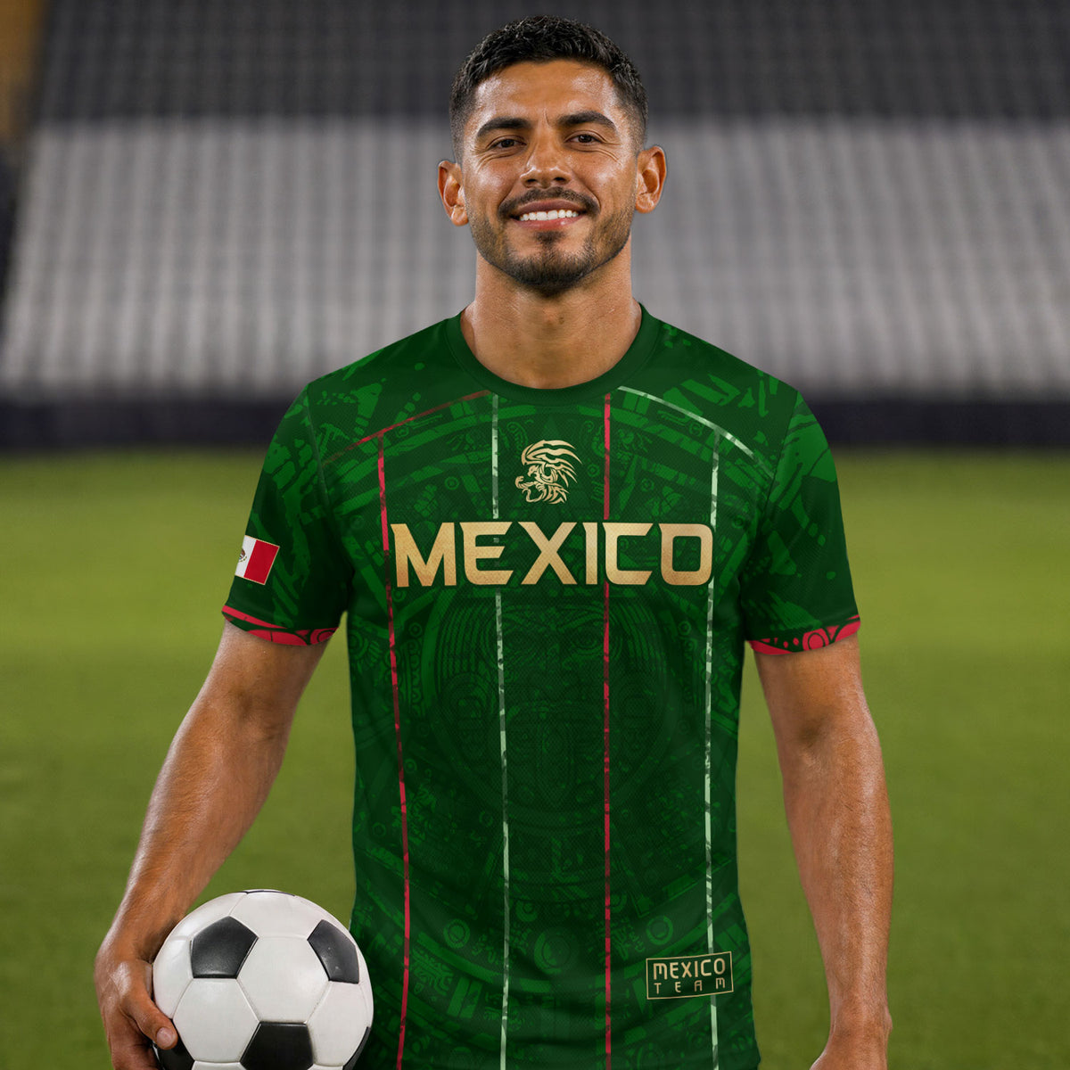 Camiseta de fútbol premium con emblema de águila azteca verde y dorado de México
