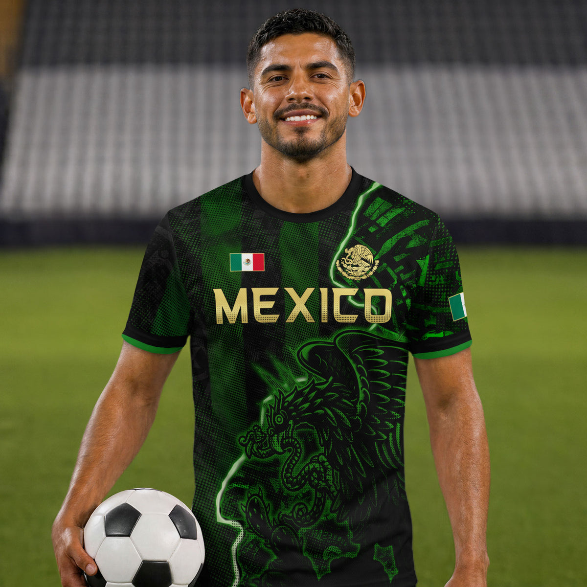 Camiseta de fútbol premium con emblema de águila azteca verde y dorado de México