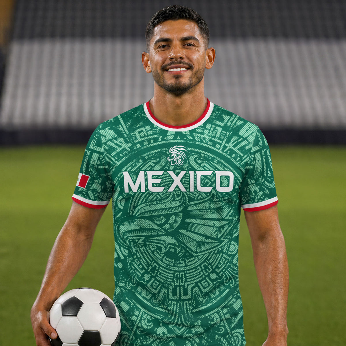 Camiseta de fútbol premium con emblema de águila azteca verde y dorado de México