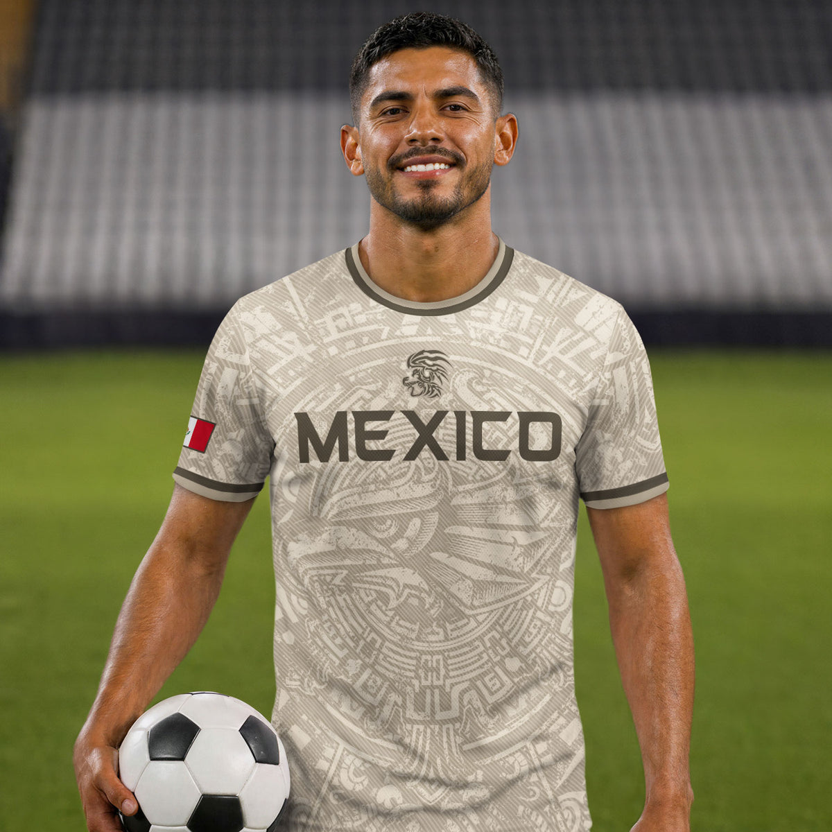 Camiseta de fútbol premium con emblema de águila azteca verde y dorado de México