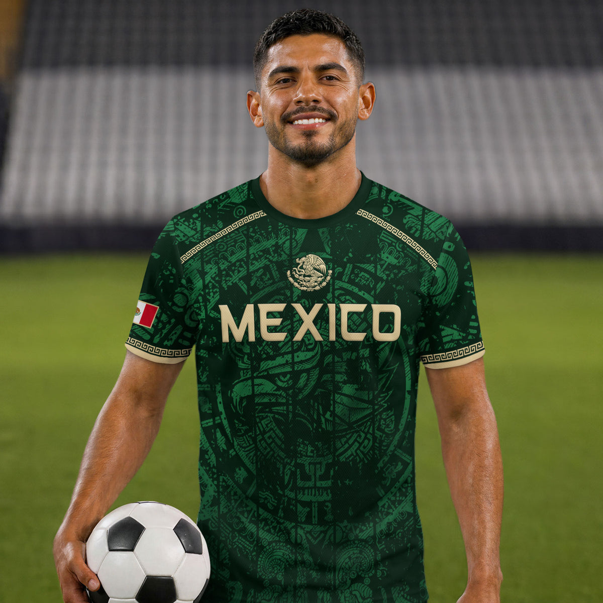 Mexico Soccer Jersey Green Eagle Crest - Aztec Sun Stone Heritage Fan Football Men Shirt