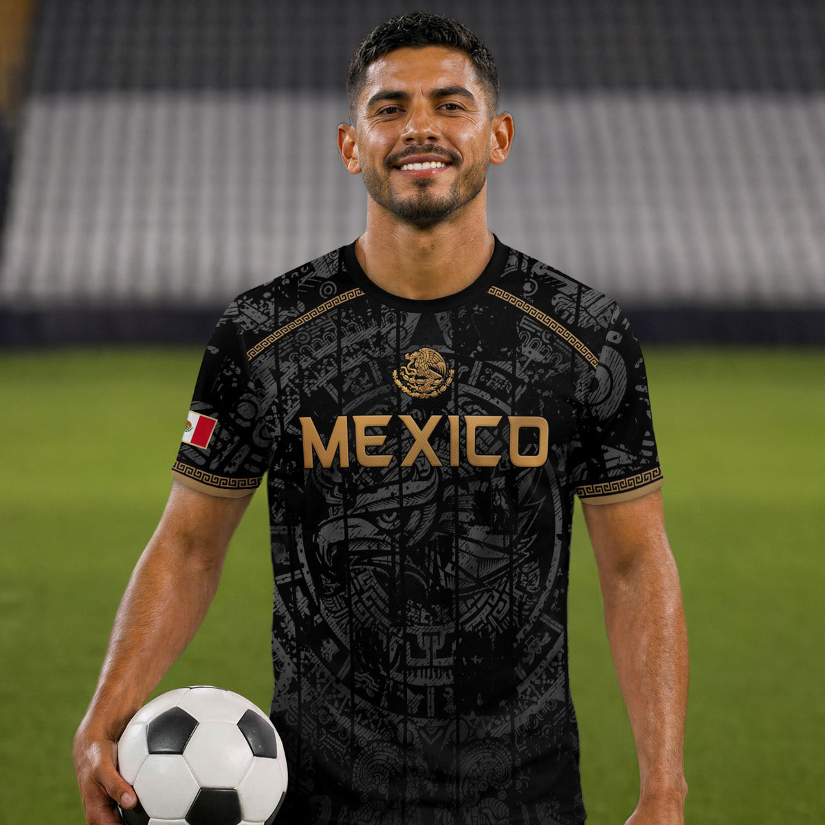 Mexico Soccer Jersey Black Eagle Crest - Aztec Sun Stone Heritage Fan Football Shirt