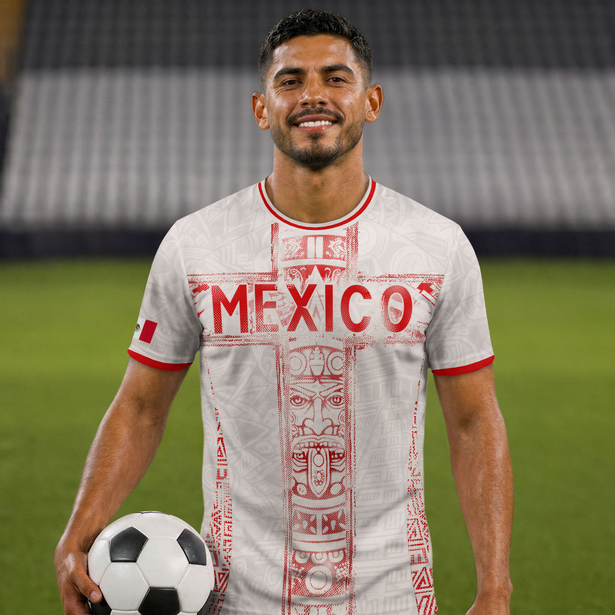 Camiseta de fútbol premium con emblema de águila azteca verde y dorado de México