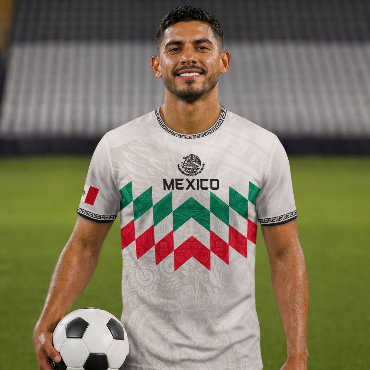 Camiseta de fútbol premium con emblema de águila azteca verde y dorado de México
