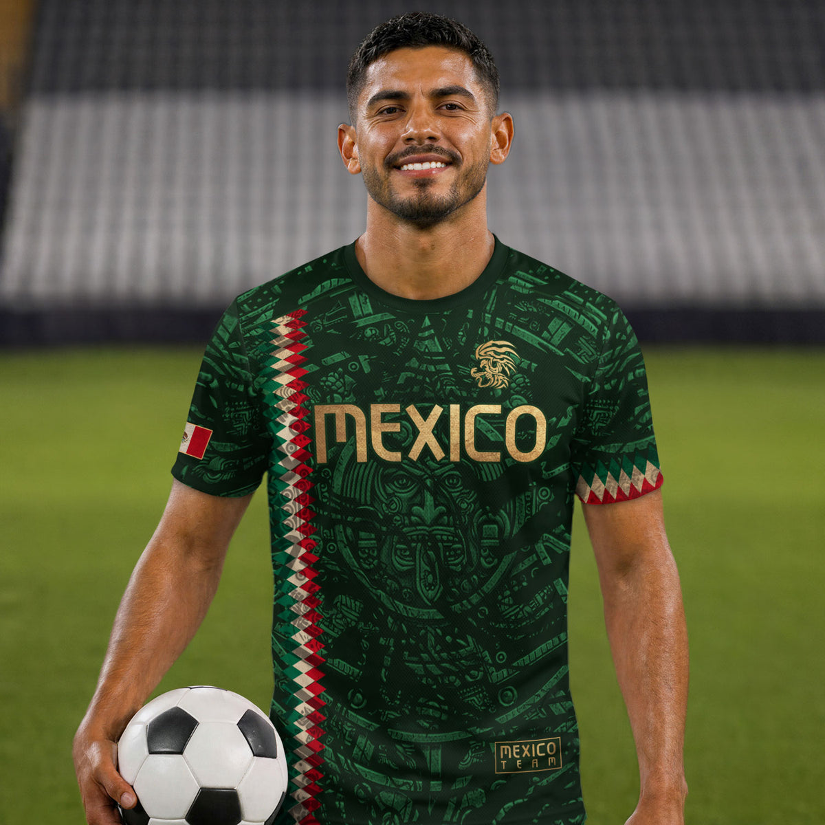 Mexico Soccer Jersey Green Gold Aztec Sun Stone - Mexico National Team Fan Heritage Shirt