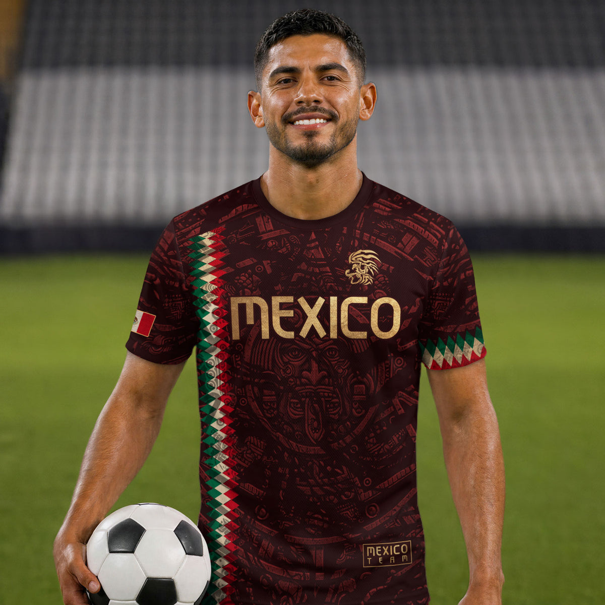 Camiseta de fútbol premium con emblema de águila azteca verde y dorado de México