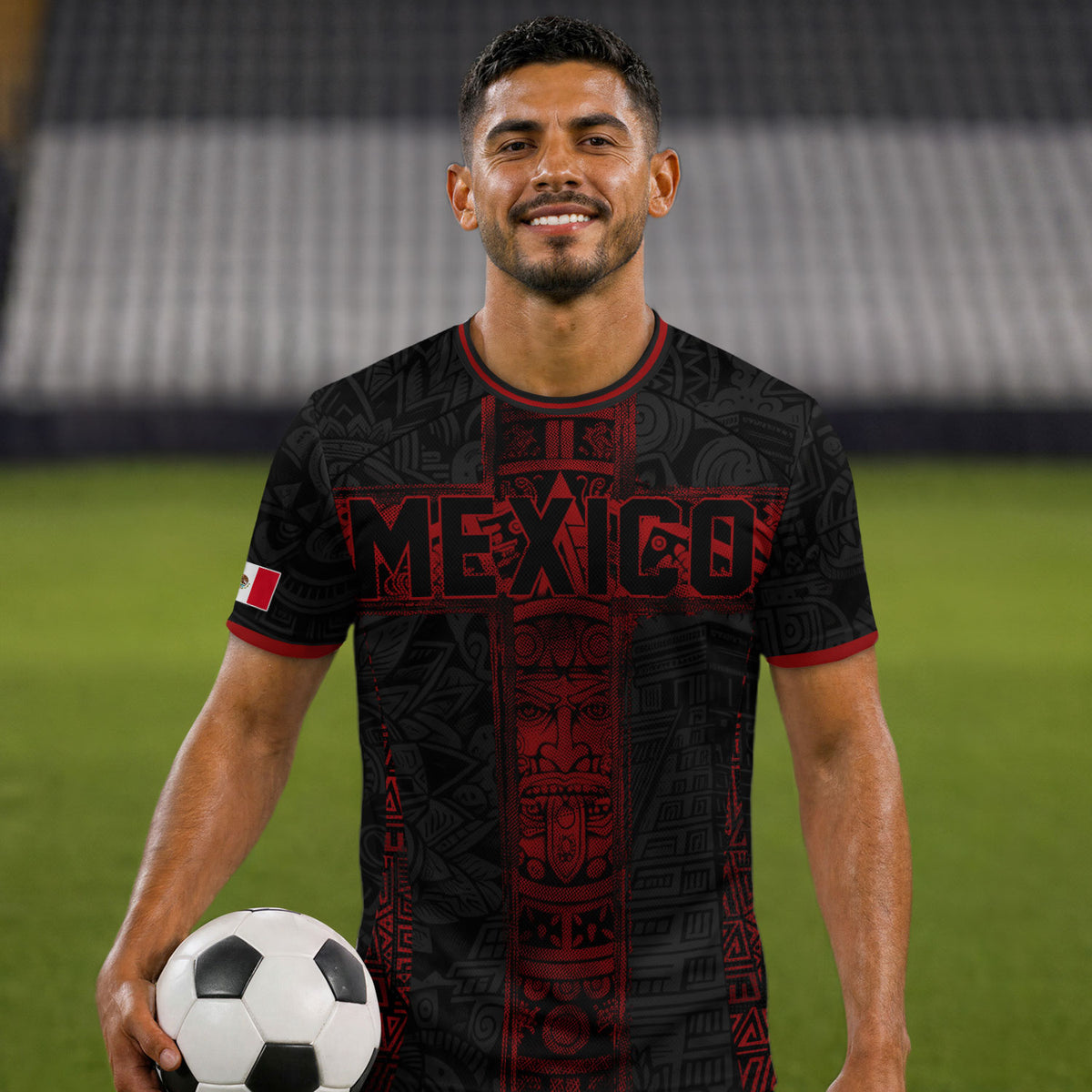 Mexico Soccer Jersey Men Black Red Aztec Cross Warrior Mexican Football Shirt