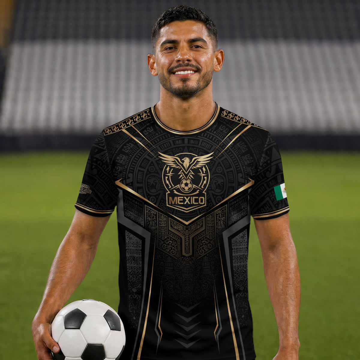 Camiseta de fútbol premium con emblema de águila azteca verde y dorado de México