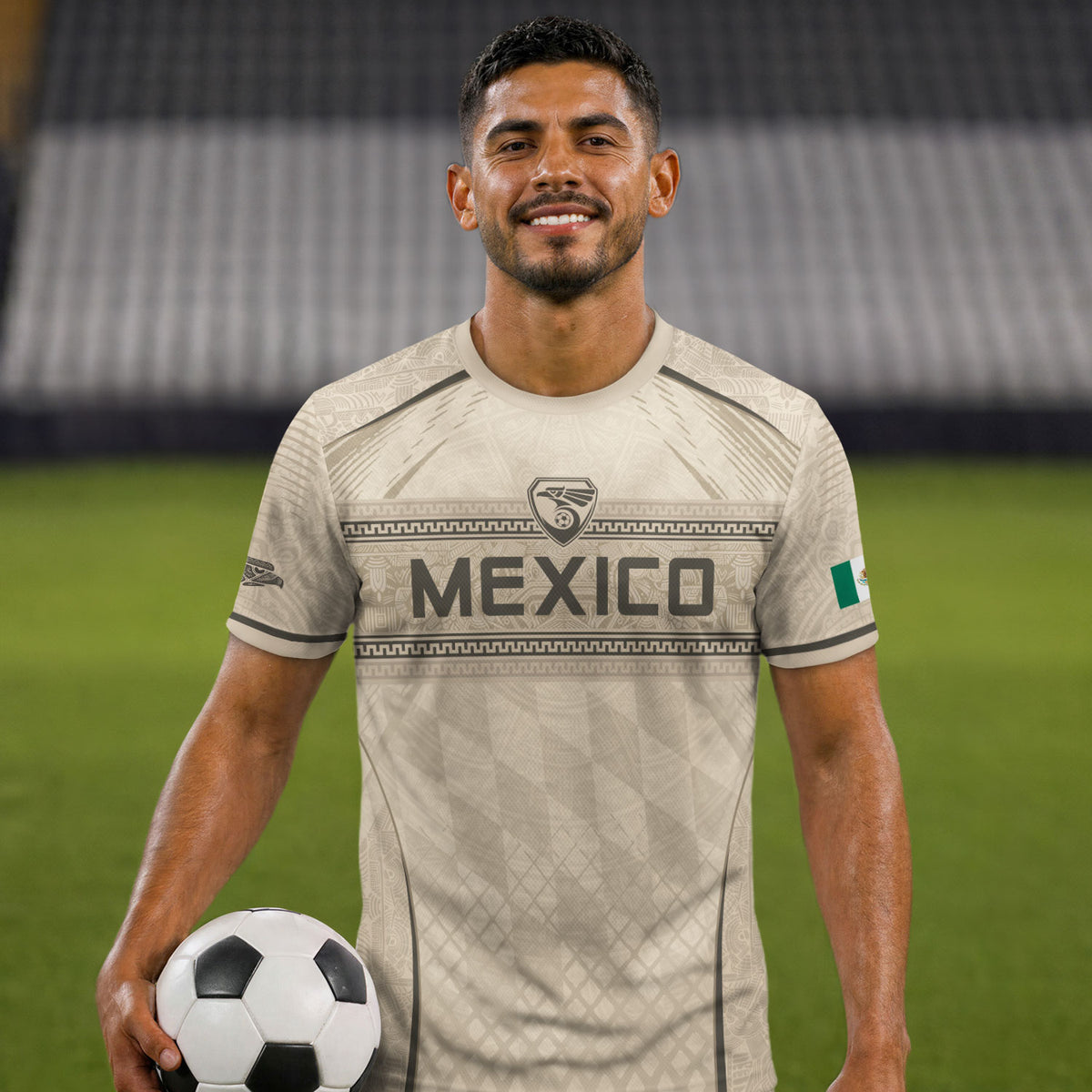 Camiseta de fútbol premium con emblema de águila azteca verde y dorado de México