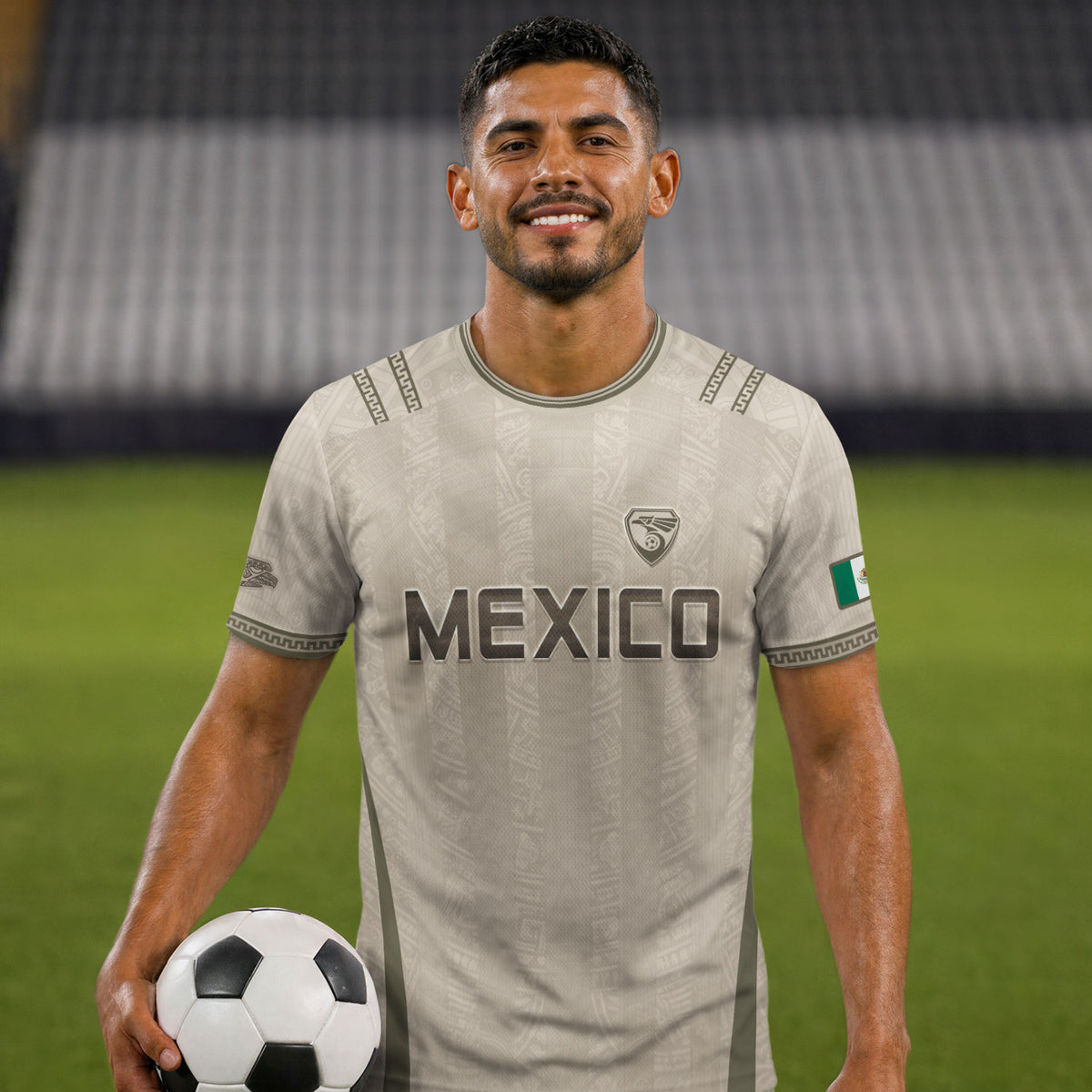 Camiseta de fútbol premium con emblema de águila azteca verde y dorado de México