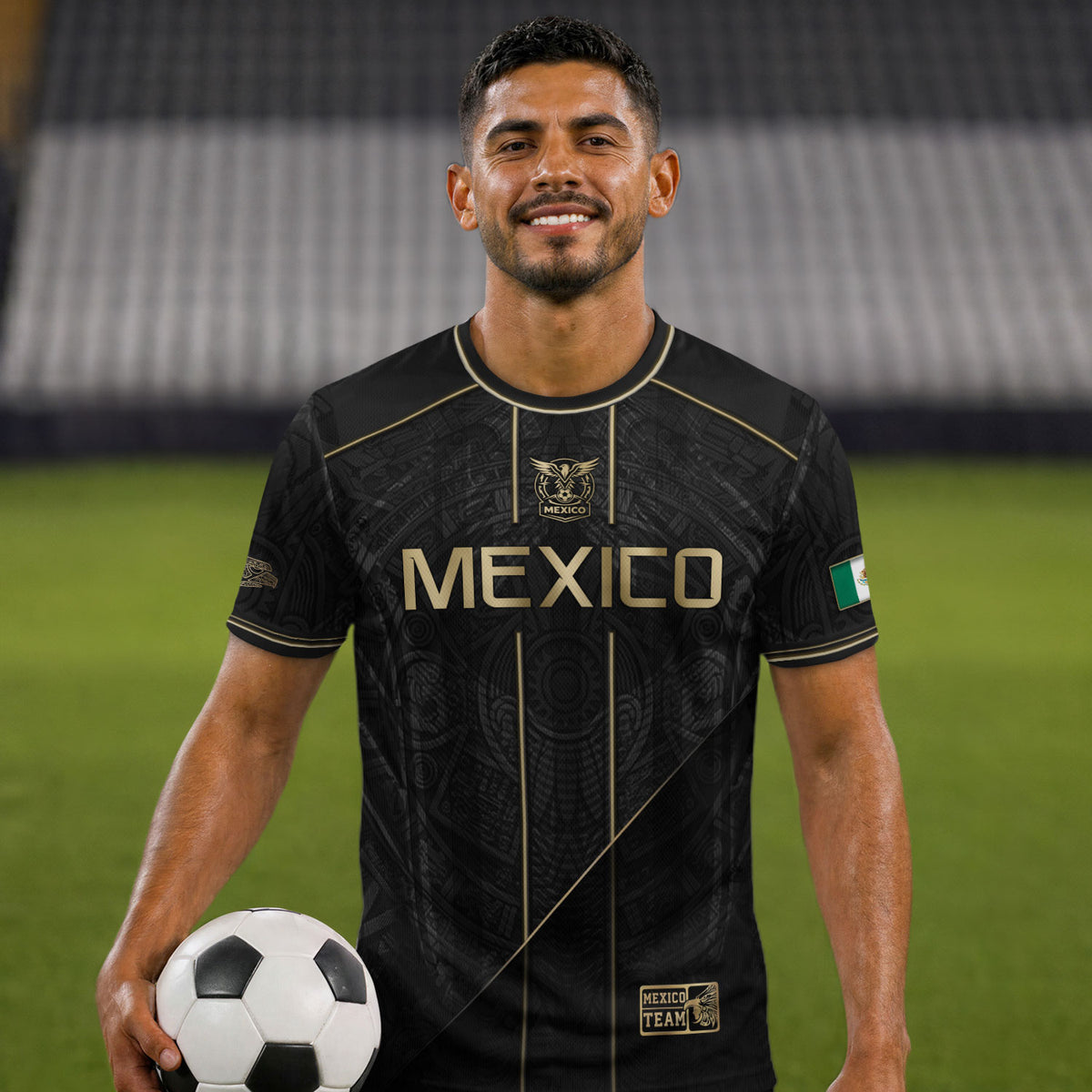 Camiseta de fútbol premium con emblema de águila azteca verde y dorado de México