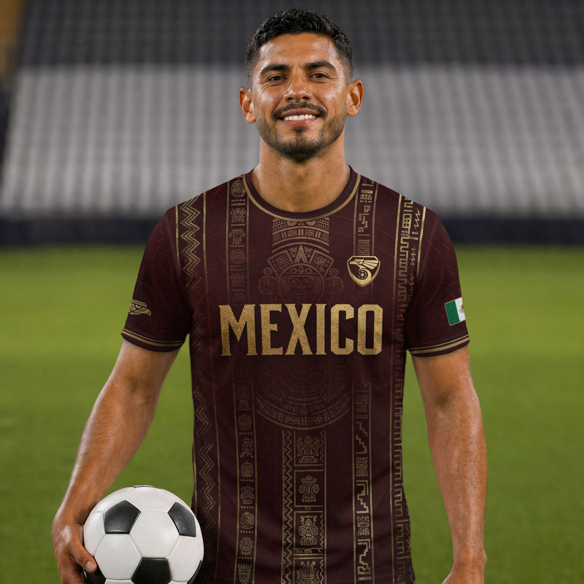 Camiseta de fútbol premium con emblema de águila azteca verde y dorado de México