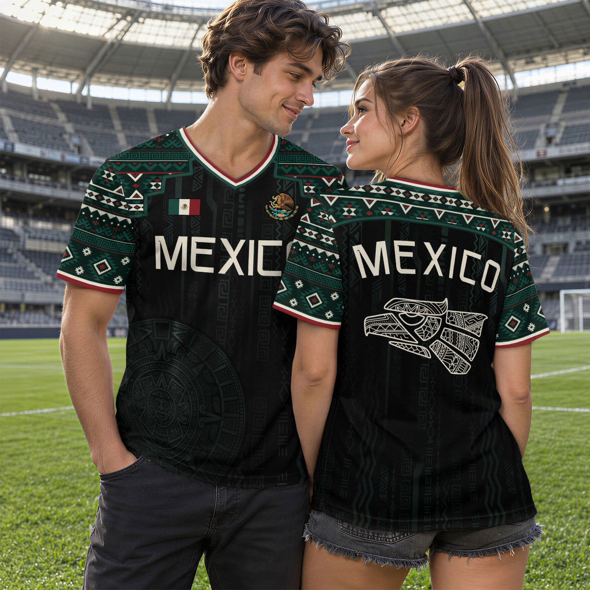Mexico Soccer Jersey Black Edition V Neck Unisex Shirt Aztec Patterned Football Top