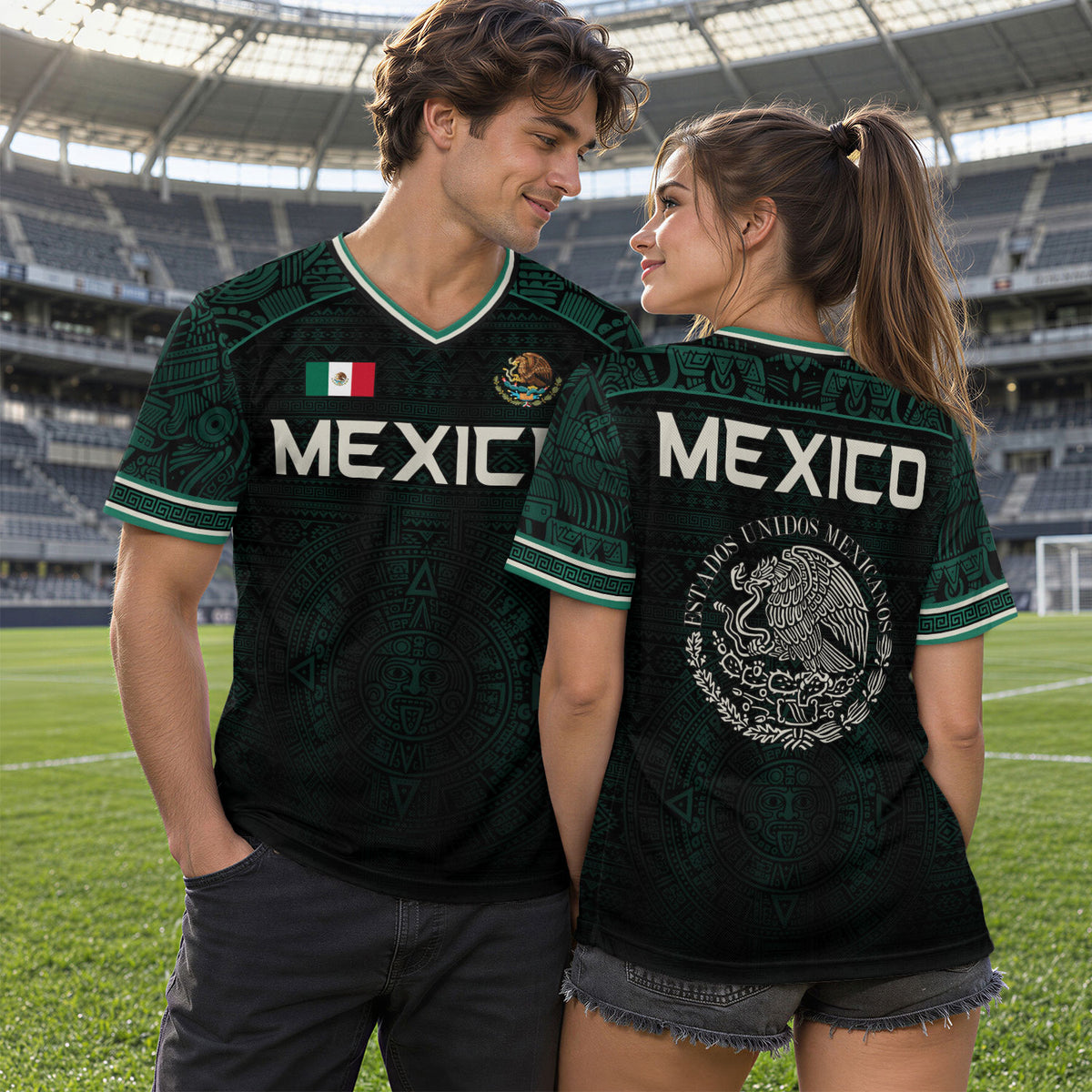 Mexico Soccer Jersey Dark Green V Neck Unisex Shirt Aztec Calendar Graphic Football Top