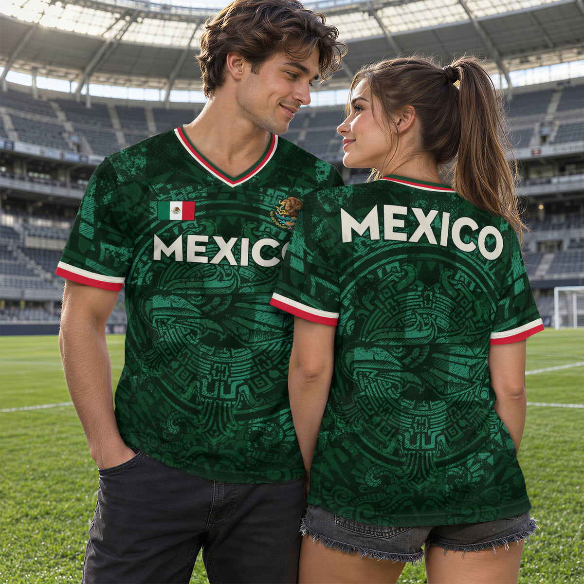 Mexico Soccer Jersey V Neck Unisex Green Shirt Aztec Warrior Eagle Pattern Football Apparel