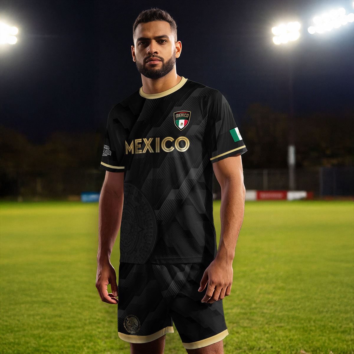 Camiseta de fútbol de México estilo negro con sutil diseño azteca