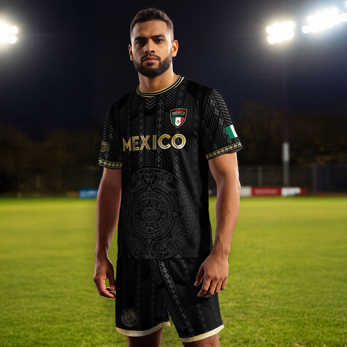 Camiseta de fútbol de México con diseño de calendario azteca, color negro y dorado
