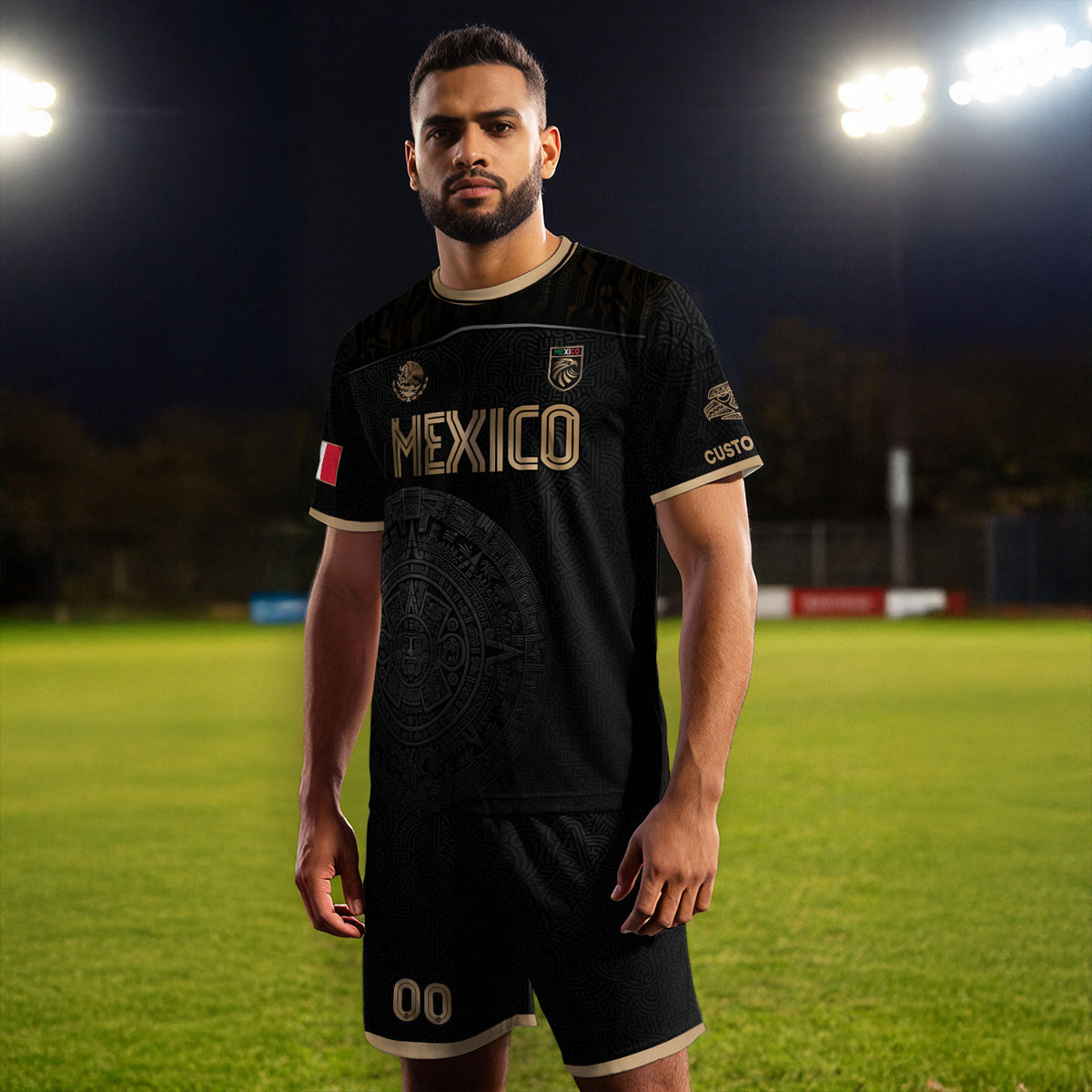 Camiseta de fútbol personalizada de México, edición dorada, calendario azteca negro