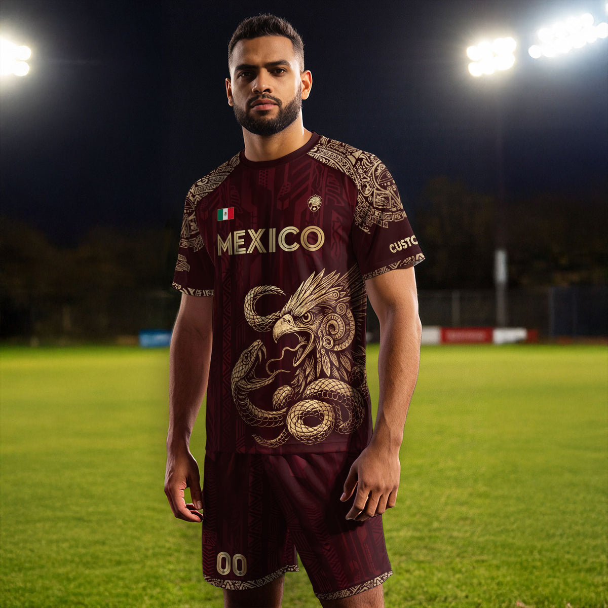 Camiseta de fútbol personalizada de México, color burdeos, águila y serpiente dorada