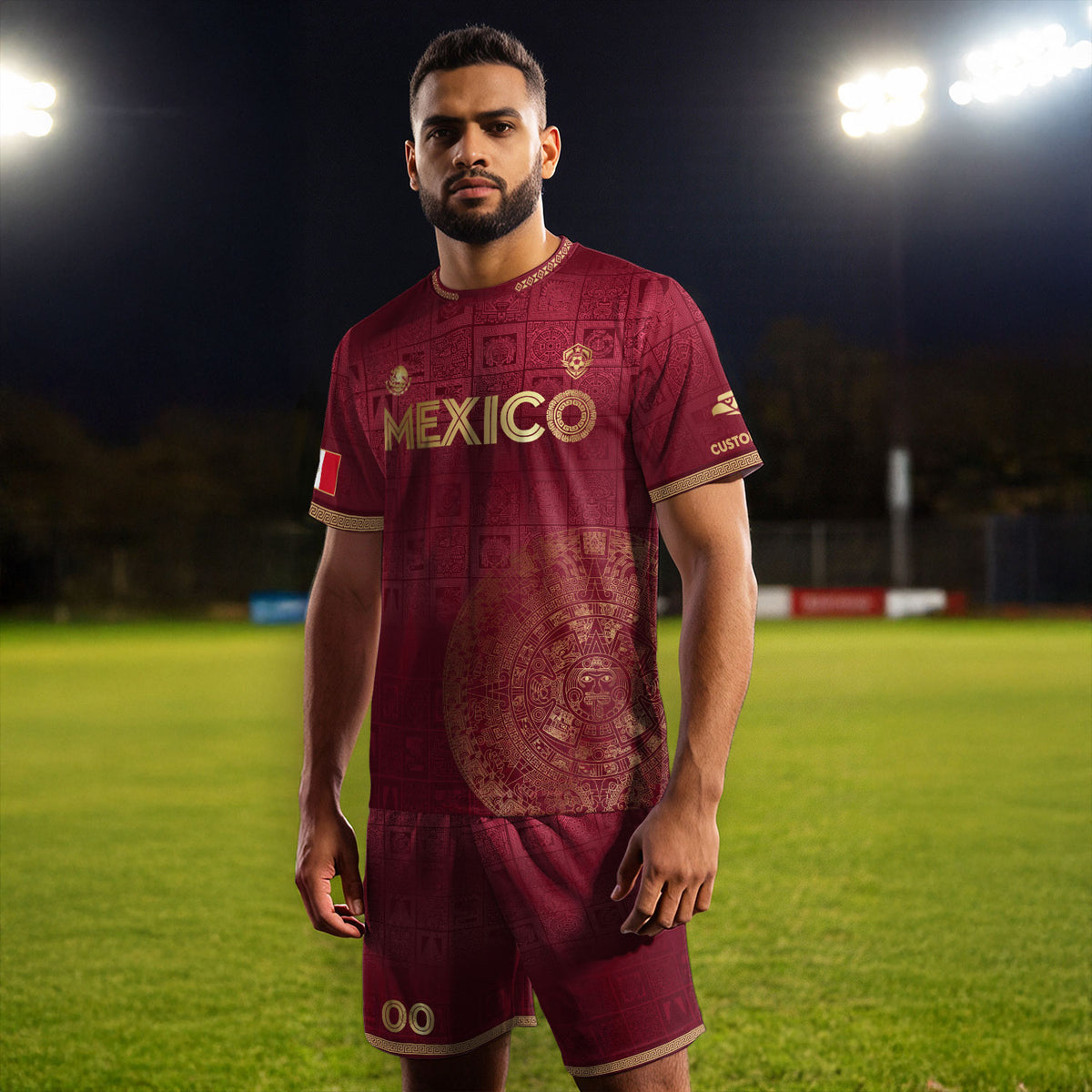 Camiseta de fútbol personalizada del calendario azteca dorado granate de México