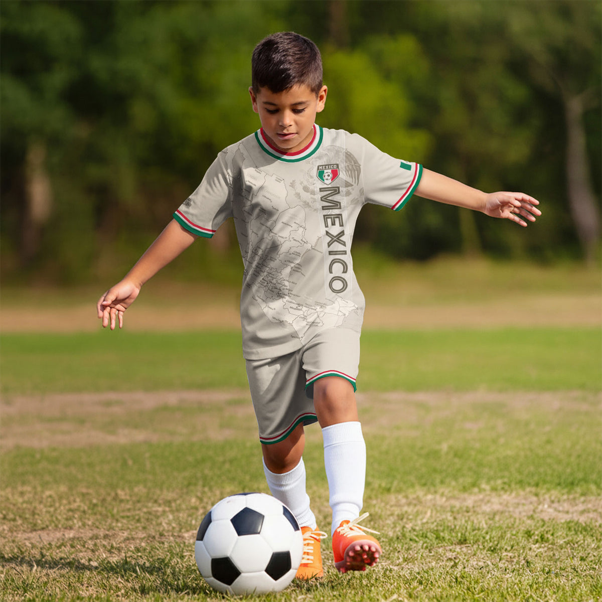 Mexico Kids Soccer Jersey Beige Map Aztec Design