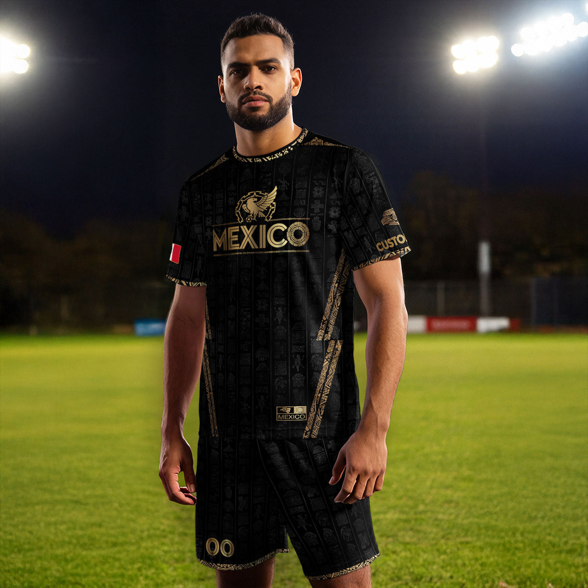 Camiseta de fútbol personalizada de México en negro y dorado con diseño de águila azteca
