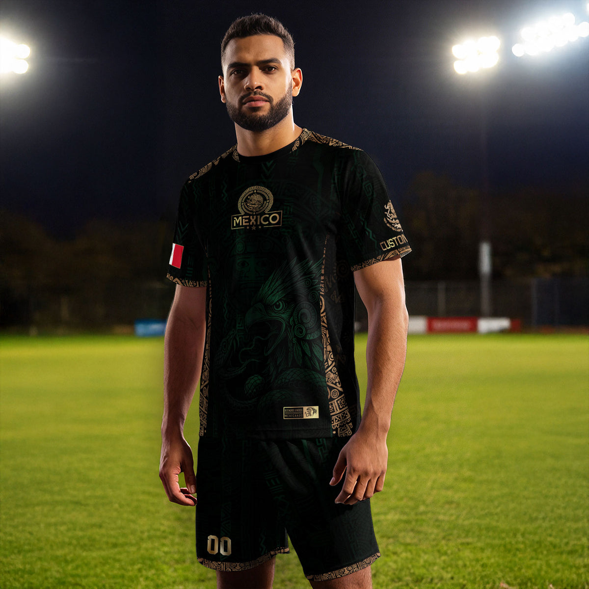 Camiseta de fútbol personalizada de México, color verde y dorado, con diseño de águila azteca.