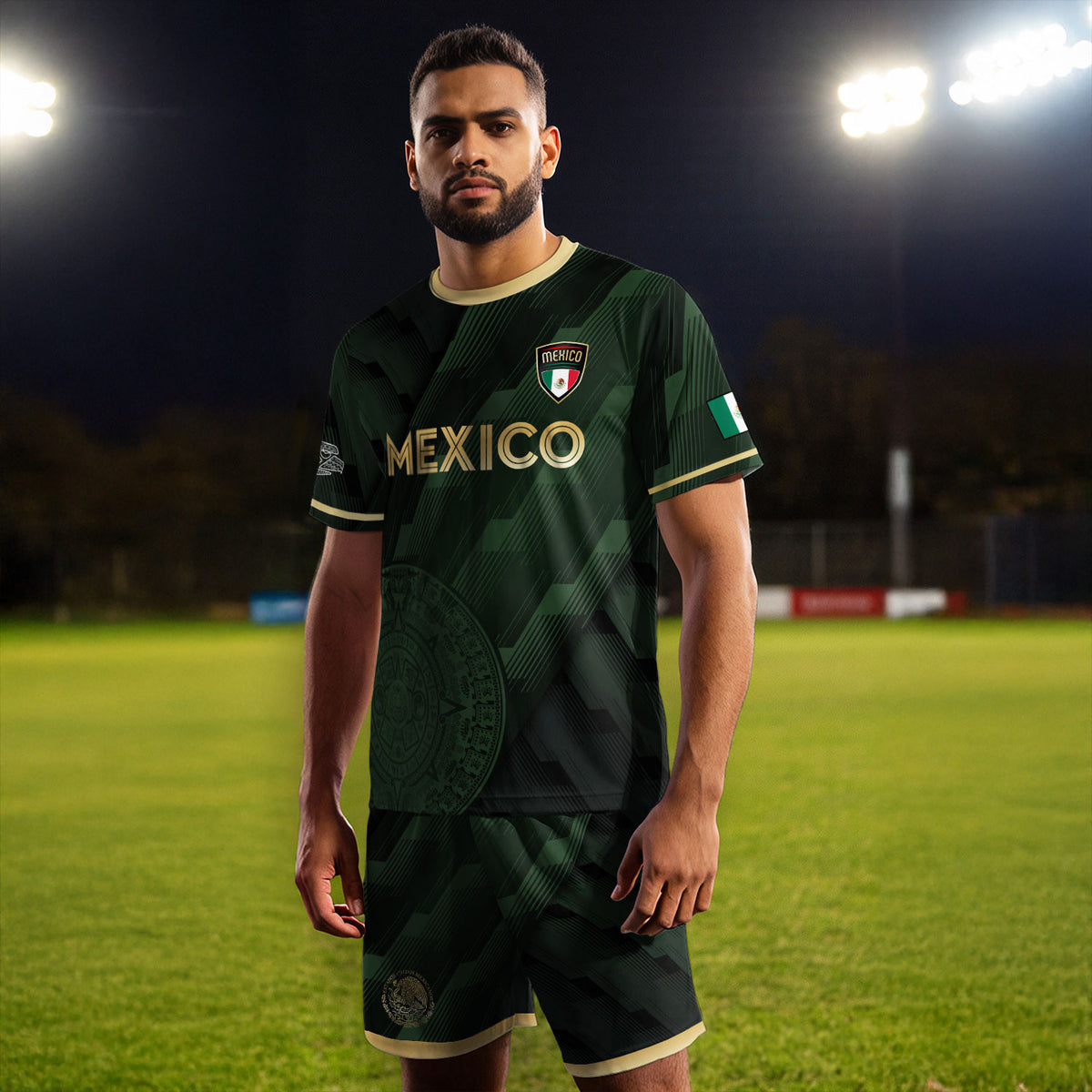 Camiseta de fútbol verde de México con diseño de piedra solar azteca dorada