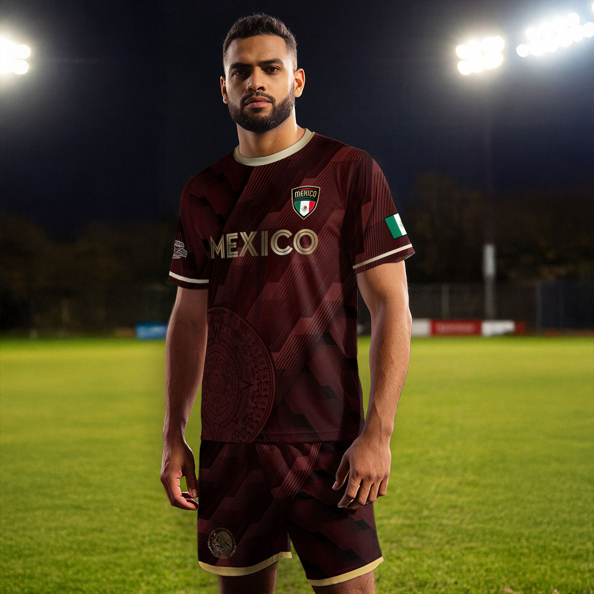Camiseta de fútbol de México color burdeos con piedra solar azteca dorada y escudo del águila
