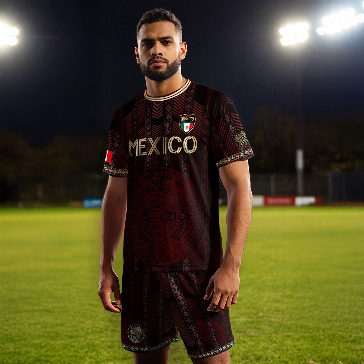 Camiseta de fútbol de México color burdeos con calendario azteca dorado y escudo del águila