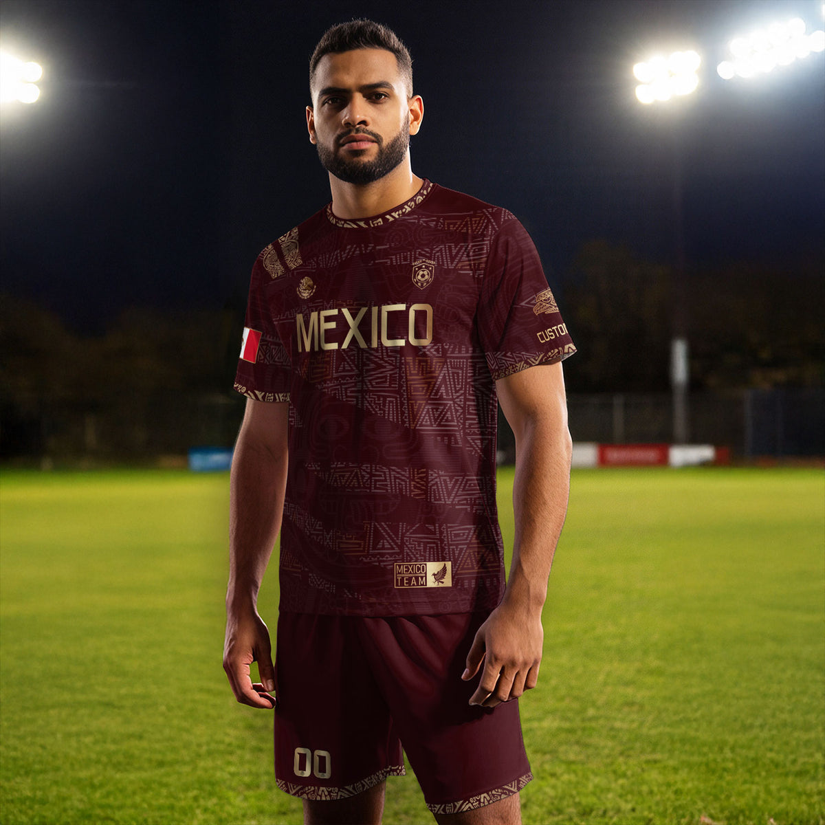 Camiseta de fútbol personalizada de México con herencia azteca, color granate y dorado