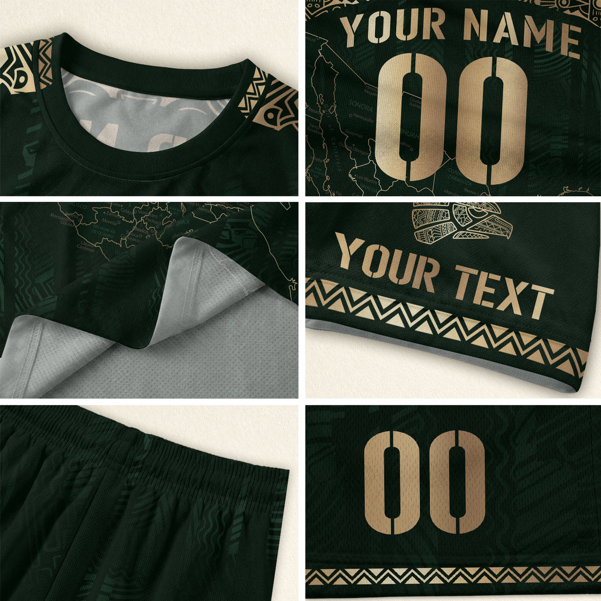 Camiseta de fútbol personalizada de México para niños, diseño de mapa patrimonial verde y dorado