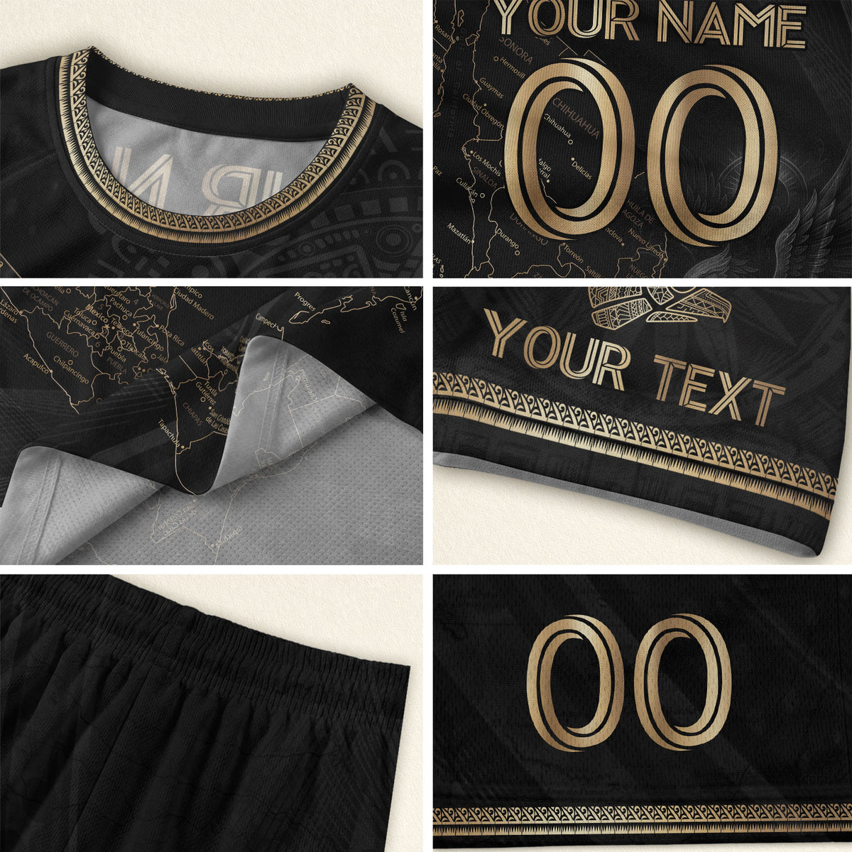 Camiseta de fútbol personalizada de México para niños, diseño de mapa patrimonial en negro y dorado