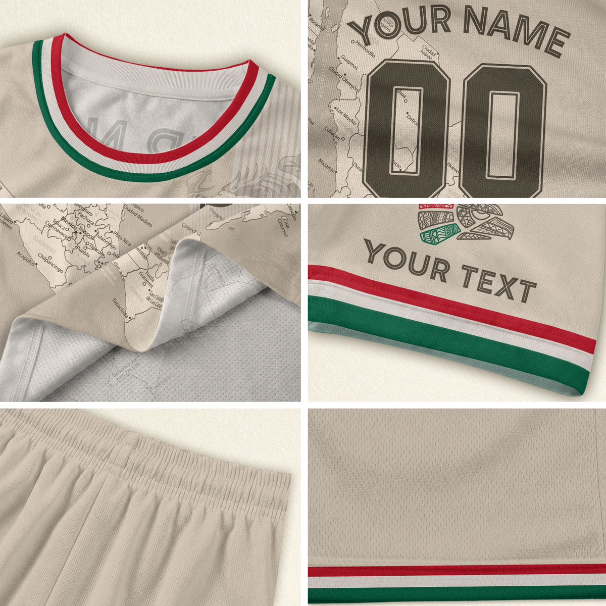 Camiseta de fútbol infantil de México personalizada con diseño de mapa patrimonial beige