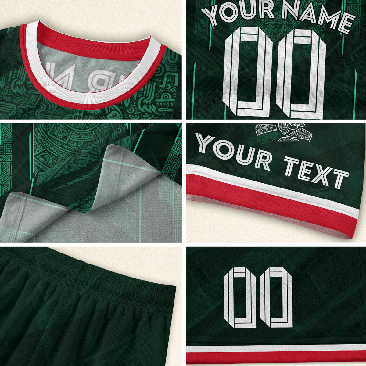 Camiseta de fútbol de México para niños personalizada, diseño de calendario azteca verde