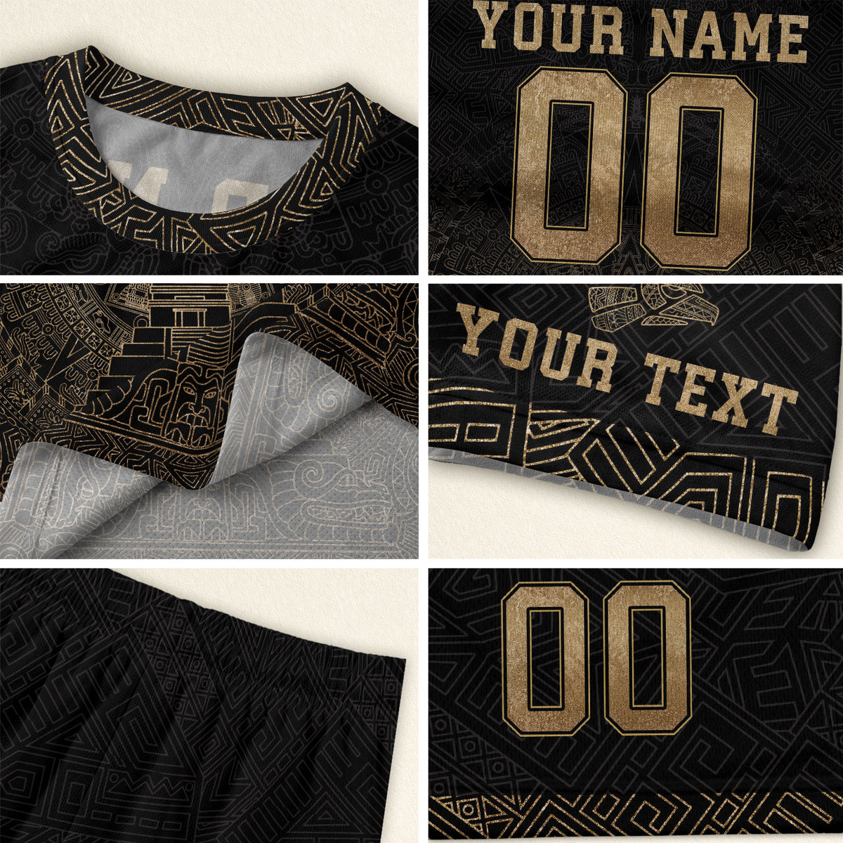 Camiseta de fútbol de México para niños personalizada, diseño de templo azteca negro y dorado